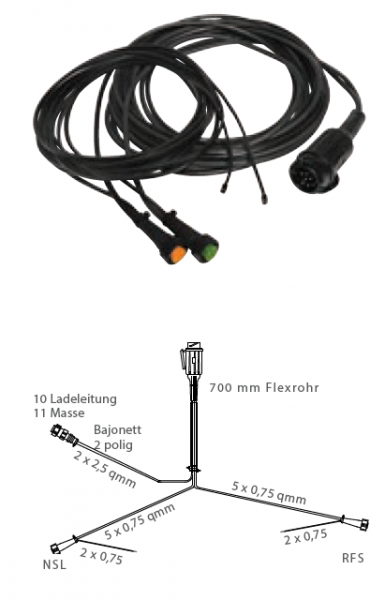 Batterieladehauptkabel 6m mit 5-poligem Bajonett und 2x Abgang DC